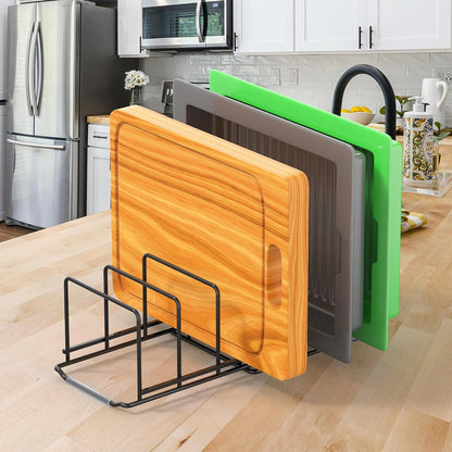 Adjustable 2.2in Pan Organizer Rack | For Pots, Pans, Cutting Boards, Cookie Sheets & Muffin Pans, 6 Slots, Non-Slip