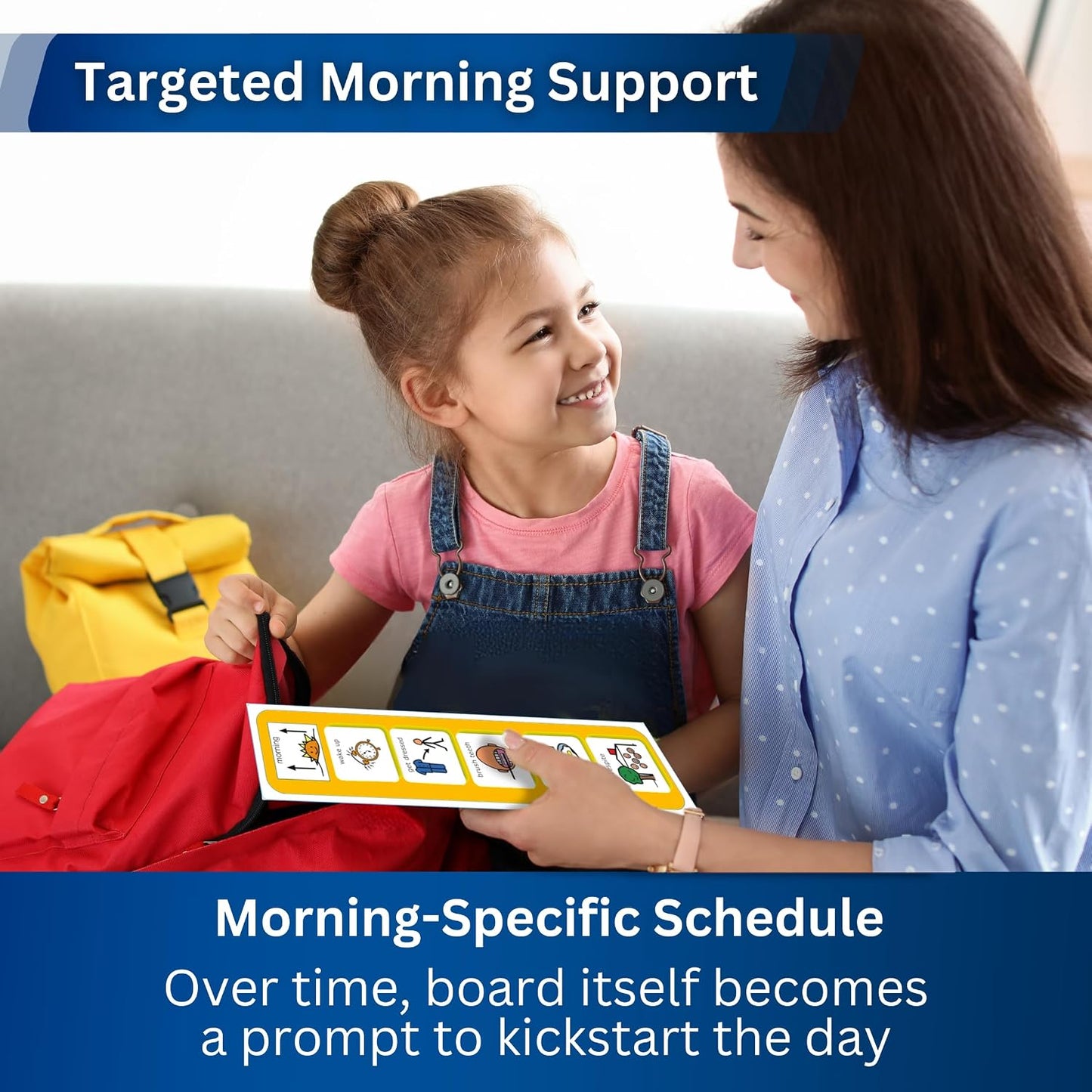 Morning Routine Chart, Visual Schedule for Kids with Autism/ASD (English) | Board 31 x 8 cm, 12 genuine Boardmaker symbols, 5 at once, 4.5 cm each, hook-and-loop, wipe-clean, PECS compatible