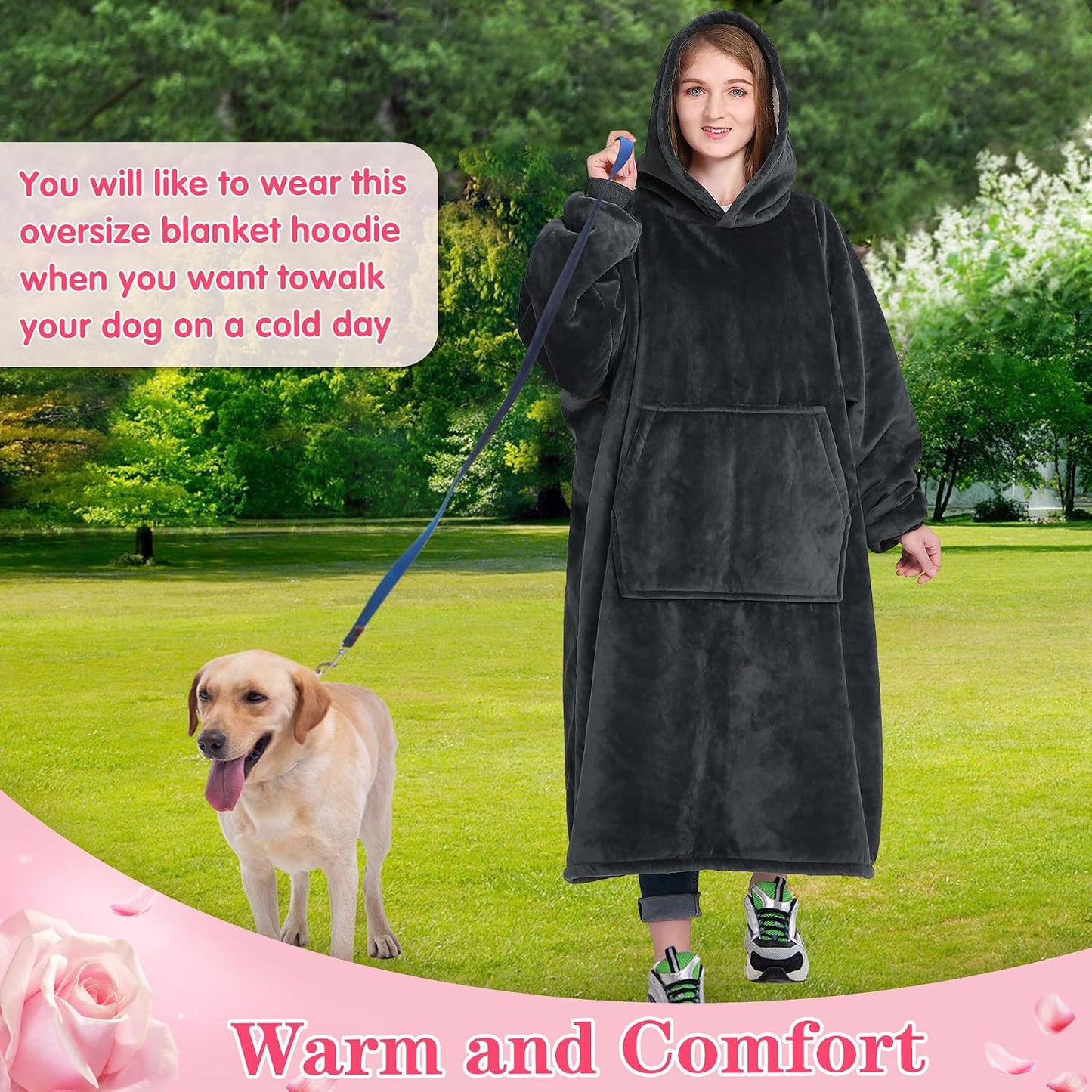 Wearable Blanket Sweatshirt Gifts for Women and Men, Warm and Cozy Giant Blanket Hoodie, Thick Flannel Blanket with Sleeves and Giant Pocket - Dark Gray