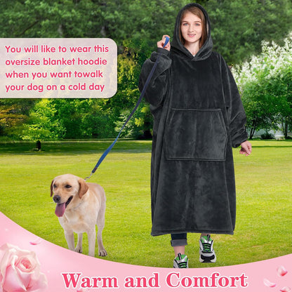 Wearable Blanket Sweatshirt Gifts for Women and Men, Warm and Cozy Giant Blanket Hoodie, Thick Flannel Blanket with Sleeves and Giant Pocket - Dark Gray