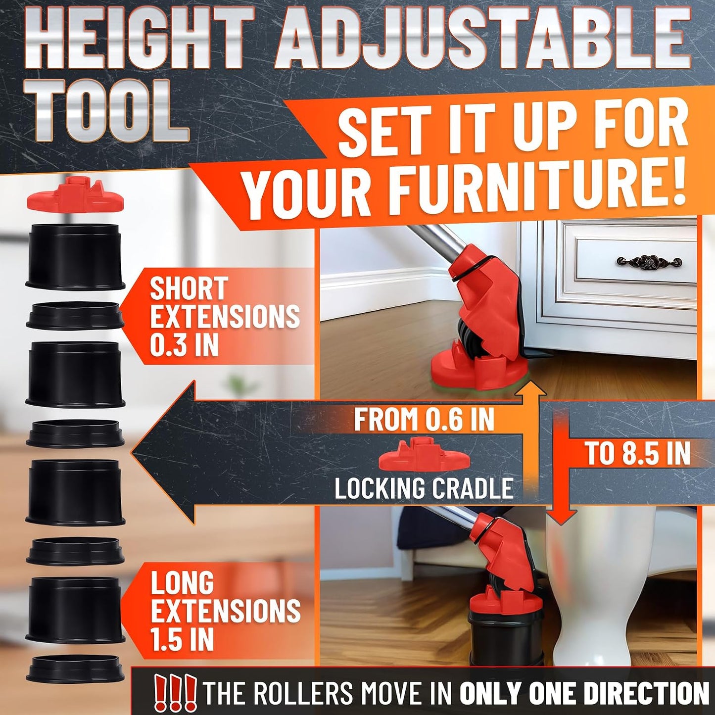 660 lb Furniture Movers with Wheels for Heavy Items (Red) | Heavy Duty Furniture Lifter Tool with 4 Sliders & 13" Lever for Hardwood, Tile & Laminate; Move Sofas, Beds & Refrigerators
