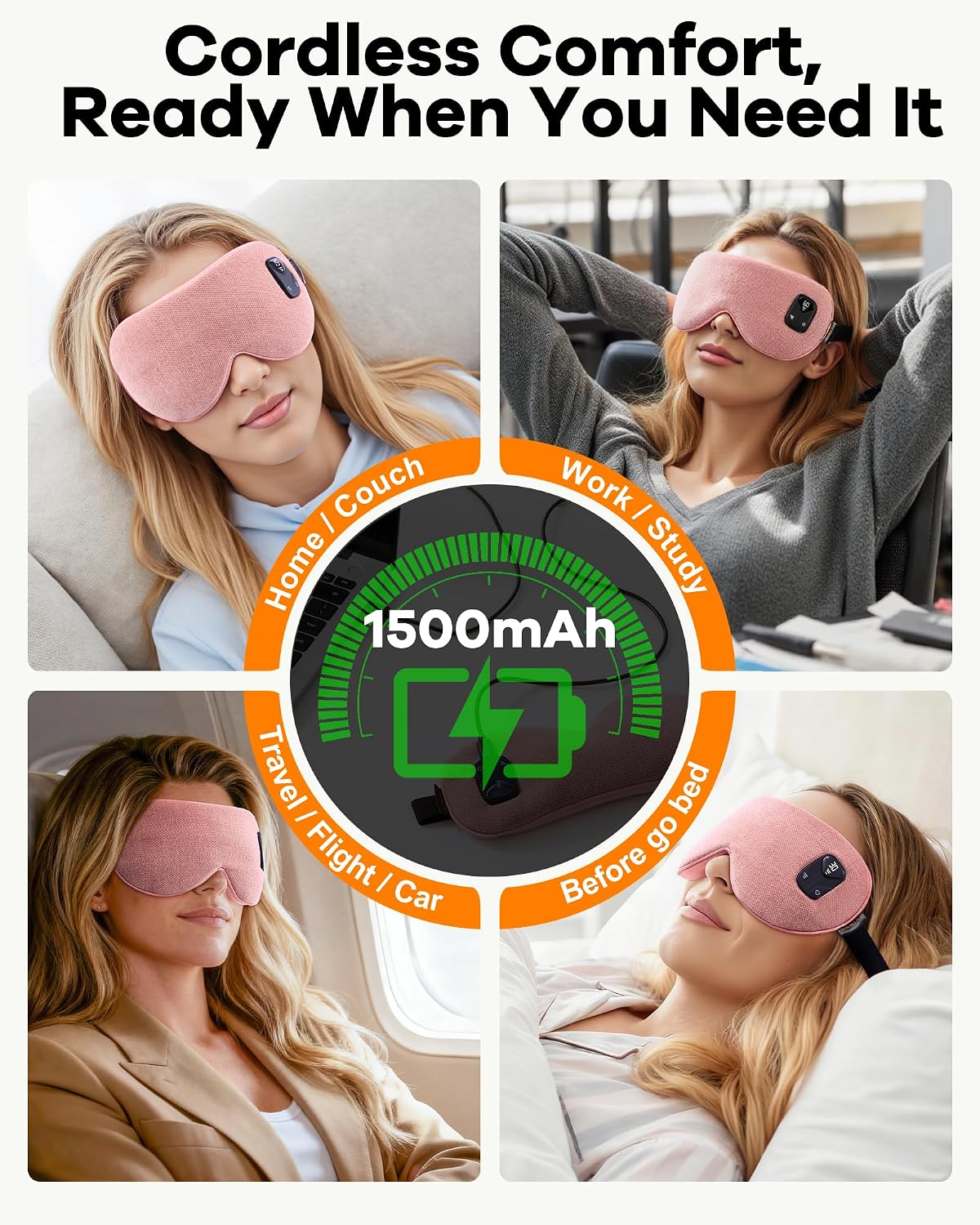 Cordless Heated Eye Mask for Dry, Tired Eyes, Hot Compress with Flaxseed Nose Bridge for Better Blackout & Focused Warmth, Rechargeable Warm 3 Heat Levels, 4 Timers, No Microwave Needed, Pink