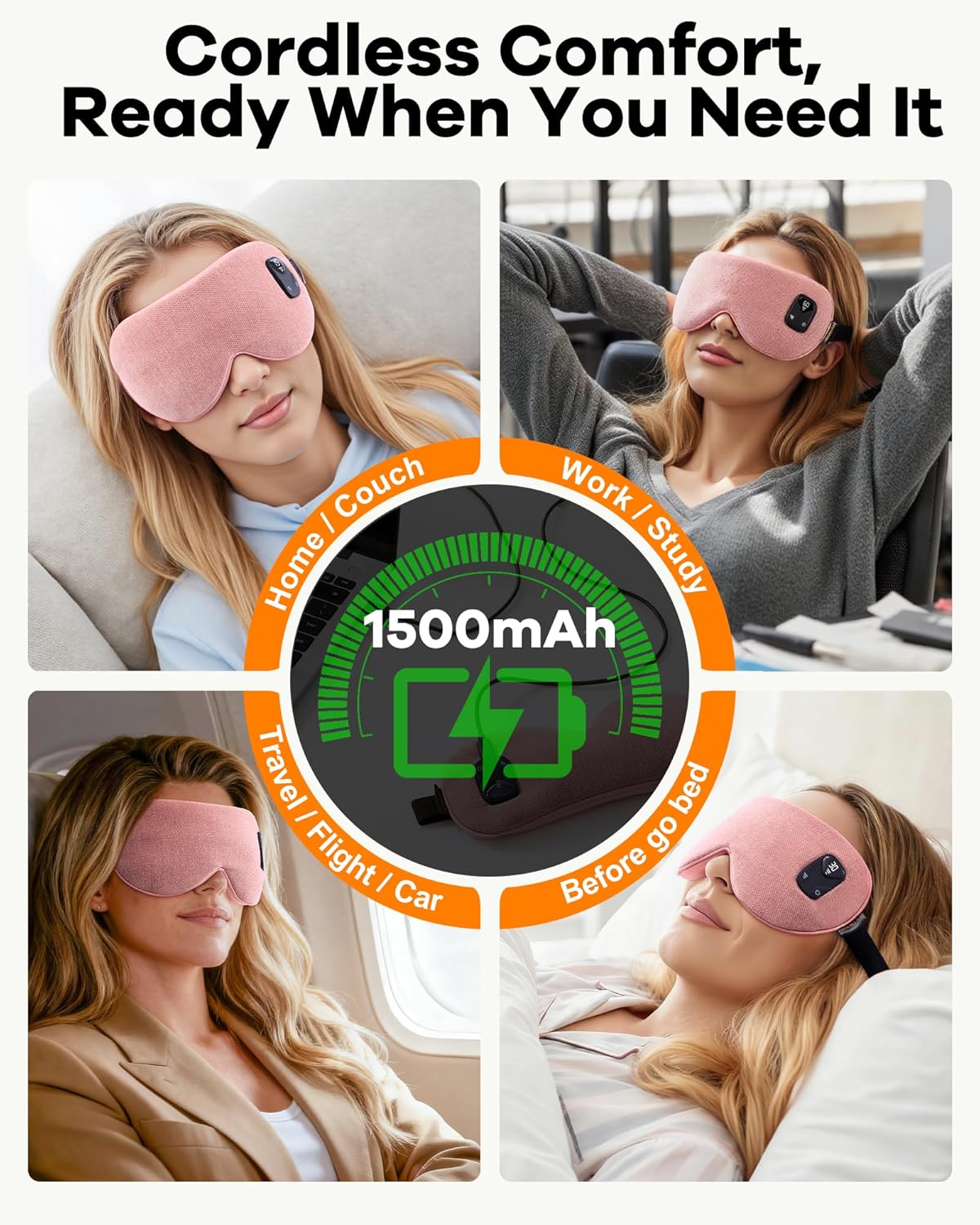 Cordless Heated Eye Mask for Dry, Tired Eyes, Hot Compress with Flaxseed Nose Bridge for Better Blackout & Focused Warmth, Rechargeable Warm 3 Heat Levels, 4 Timers, No Microwave Needed, Pink