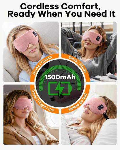 Cordless Heated Eye Mask for Dry, Tired Eyes, Hot Compress with Flaxseed Nose Bridge for Better Blackout & Focused Warmth, Rechargeable Warm 3 Heat Levels, 4 Timers, No Microwave Needed, Pink