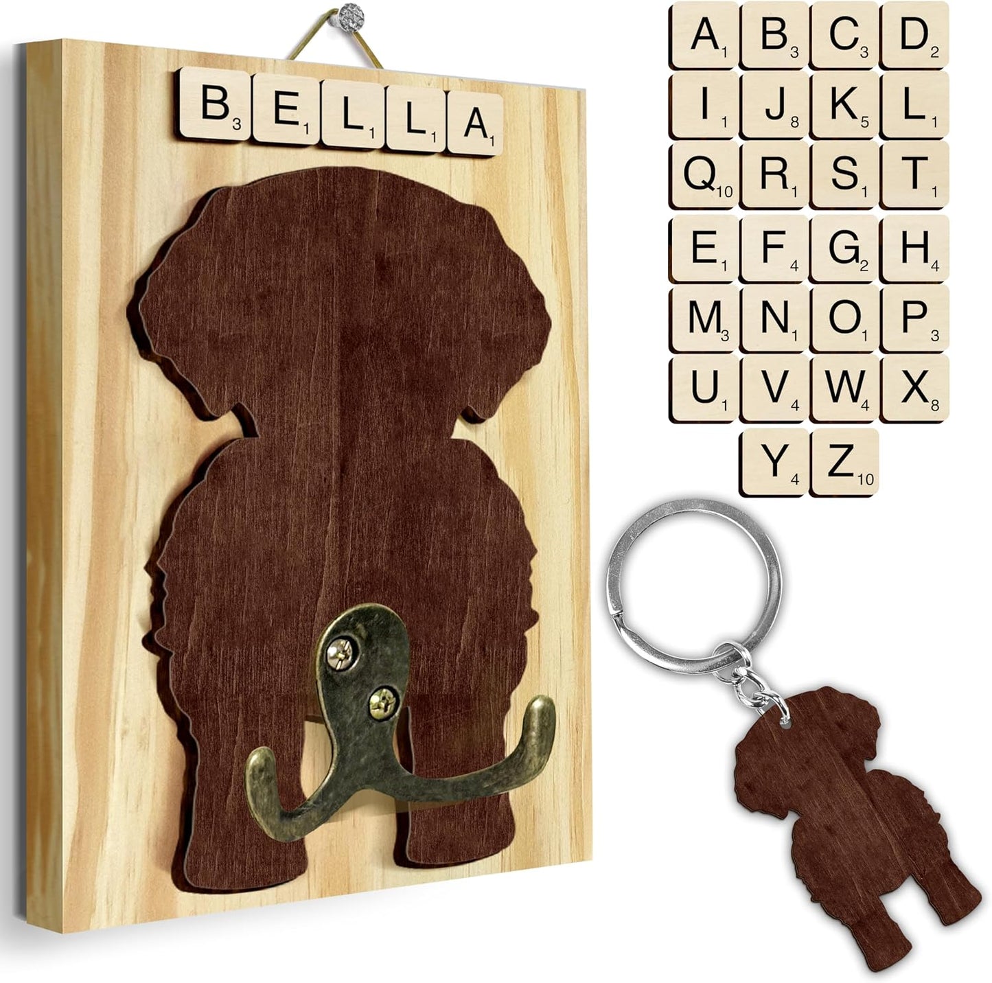 Dog Leash Holder Wall Mount, Pet Harness Hanger with Scrabble Letters, Dog Collar Organizer for Entryway, Memorial Cat Leash Holder for Wall, Pet Loss Gifts, Keepsake, Home Decor PF212-NAT