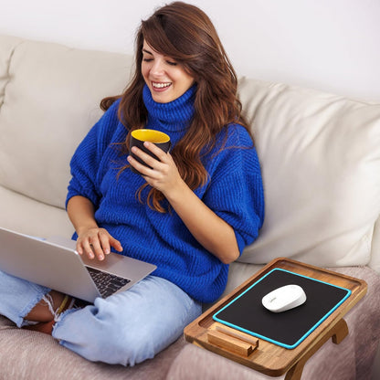 Couch Arm Tray,Bamboo Sofa Clip on Side Table,Foldable Couch Armrest Table with 360°Rotating Phone Holder,Anti Slip Food Trays for Eating/Drinks/Snacks/Remotes 15.35" x 9.85"