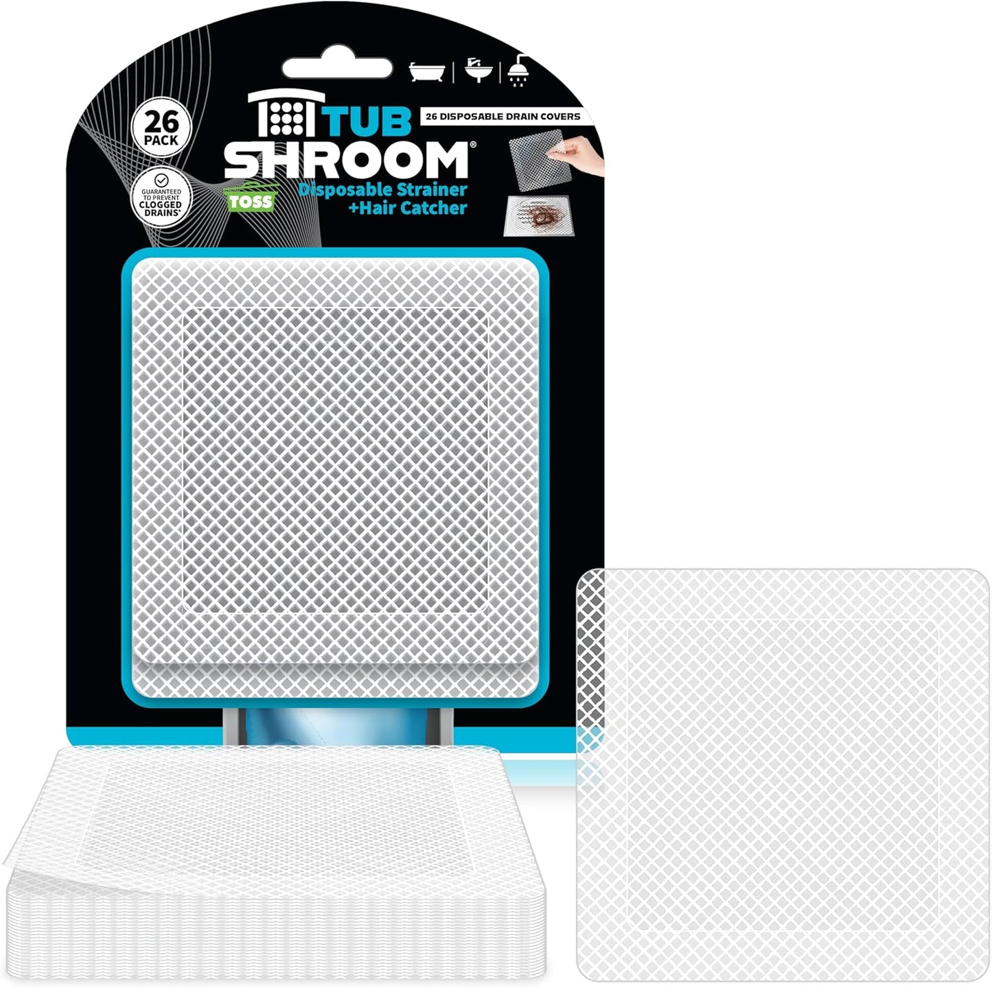 TubShroom 26 Pack Square Disposable Drain Cover - Hair Catcher Mesh Sticker Strainers for Shower Bathtub and Bathroom - Hair Catcher Sticker Drain Protector - Half Year Supply