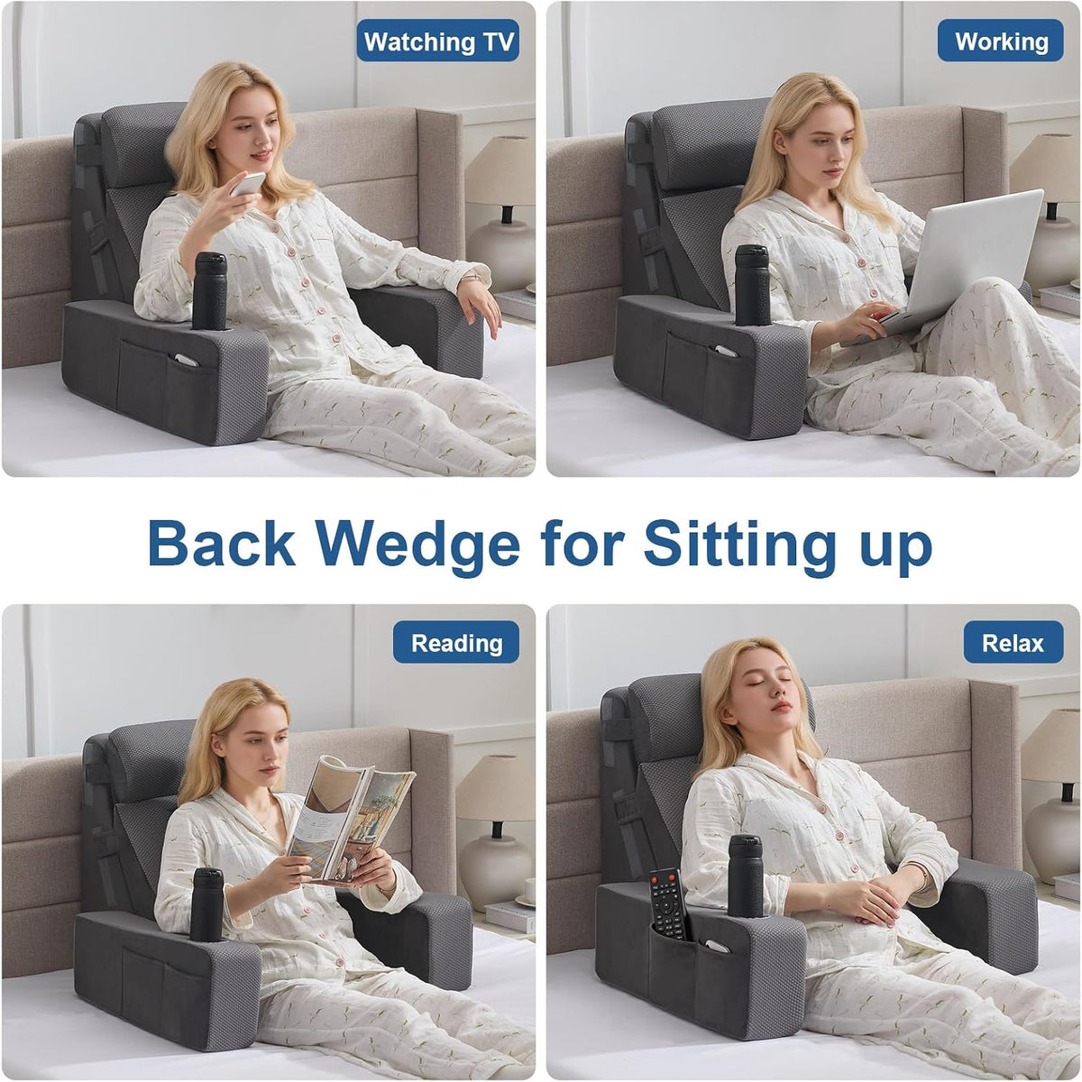 Reading Pillow for Sitting in Bed Adult, Back Pillow for Bed Sitting up with Arms, Pockets and Cup holder, Sit Up Backrest Pillows for Beds Chair Support, Rest Pillow for Gaming (Light gray)