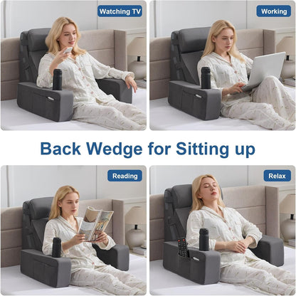 Reading Pillow for Sitting in Bed Adult, Back Pillow for Bed Sitting up with Arms, Pockets and Cup holder, Sit Up Backrest Pillows for Beds Chair Support, Rest Pillow for Gaming (Light gray)