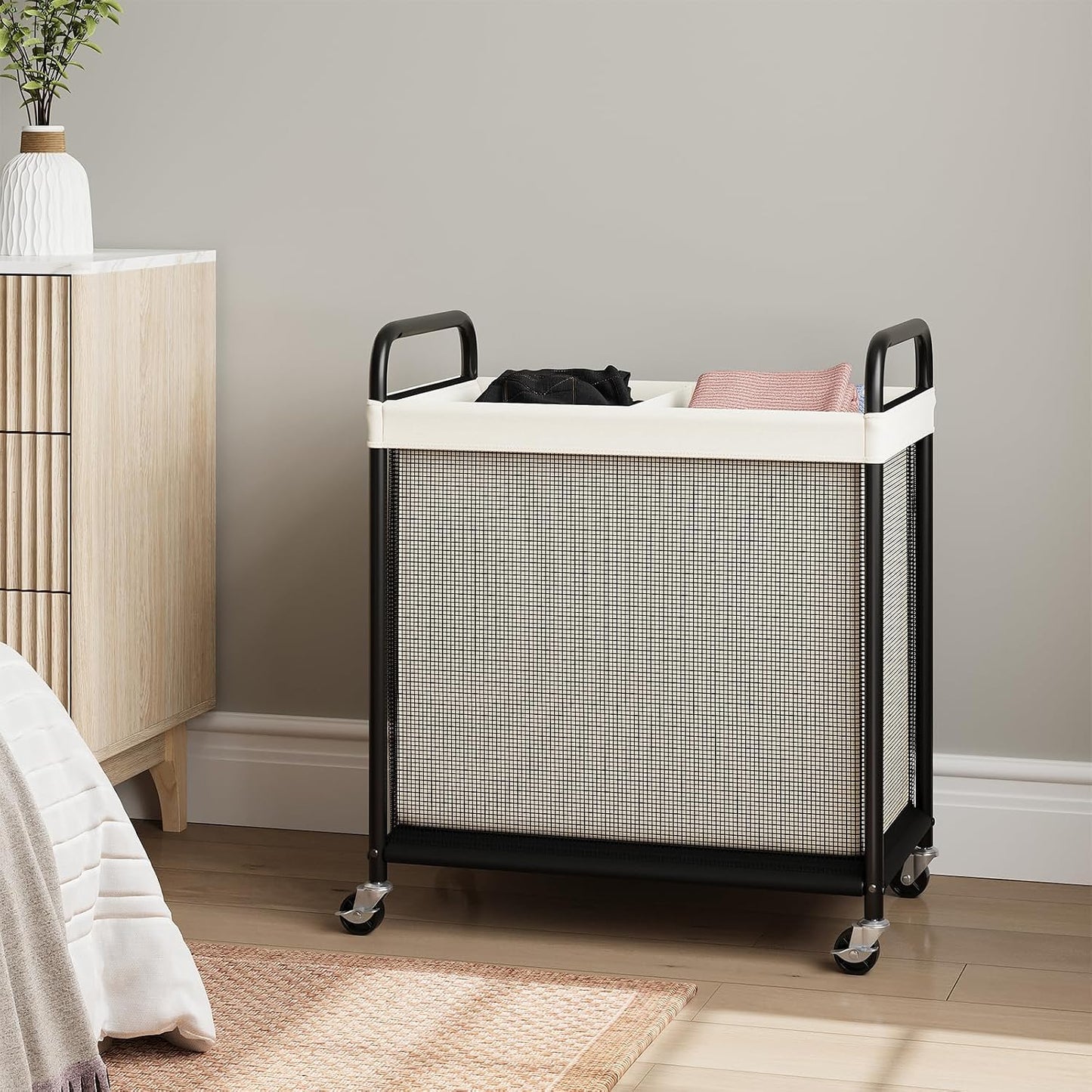 ELYKEN Laundry Hamper 2 Section, 100L Rolling Laundry Sorter with Wheels | Removable Washable Liner Bags, Sturdy Steel Frame and Metal Handle, Double Compartment Clothes Organizer for Laundry Sorting