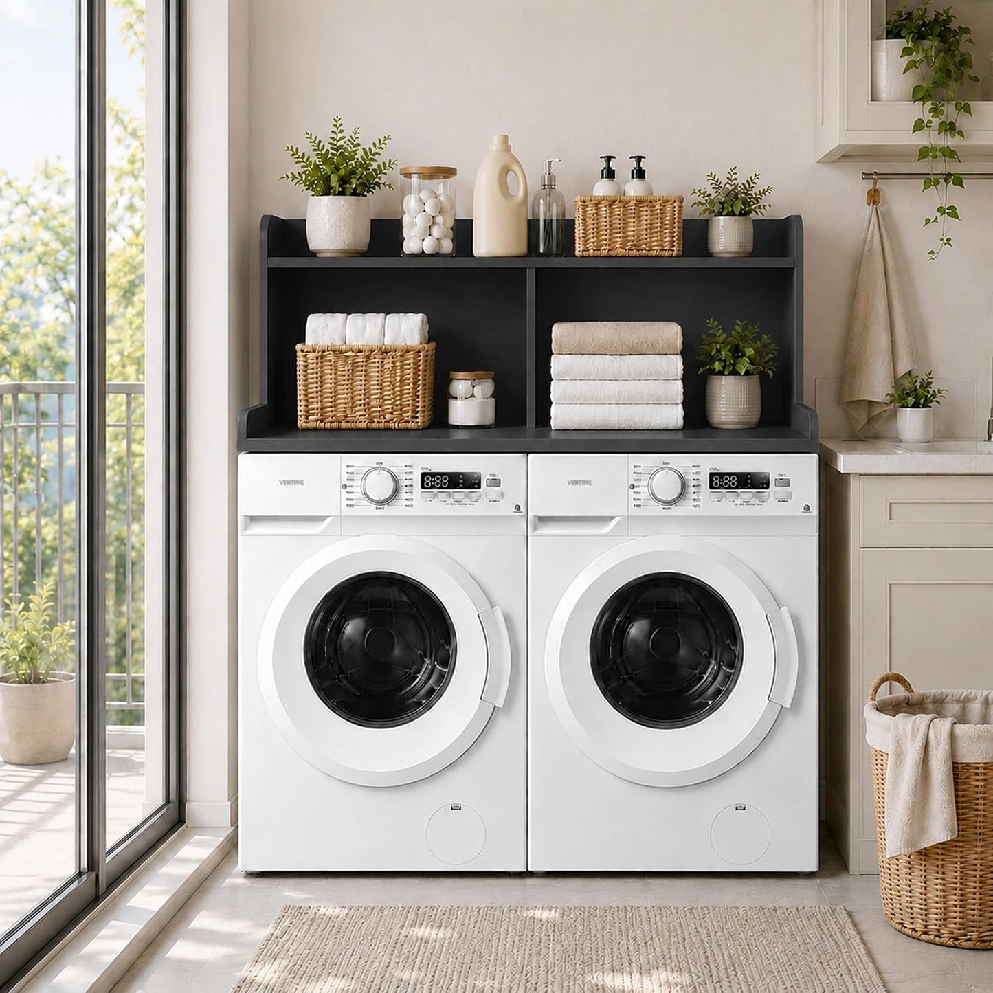 Royxen Washer Dryer Countertop with Extra Tall Shelf, 19" Height Washer and Dryer Topper, Laundry Countertop with Non-Slip Pads, Universal Fit for Laundry Room Organization, Walnut