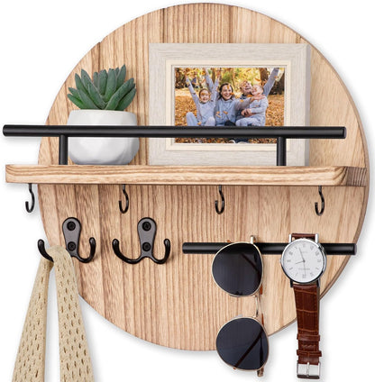 Nekon Key Holder Wall Mount, 11.8” Wood Mail Organizer for Wall, Brown | Round Wall Shelf with 6 Key Hooks, Rustic Key and Mail Holder, Key Hanger for Entryway Hallway Kitchen