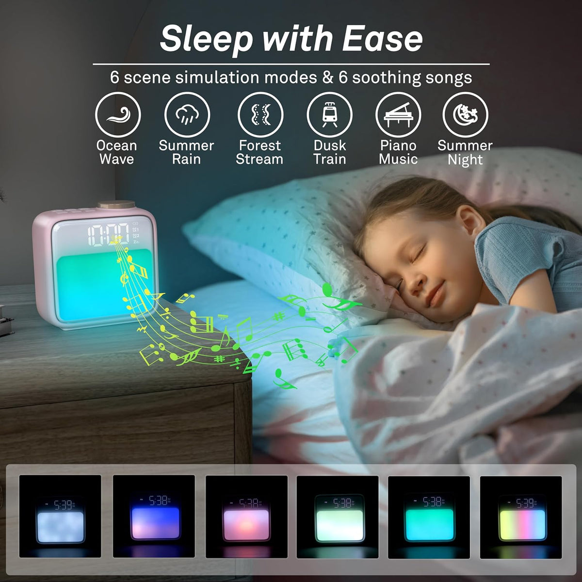 AIRIVO Alarm Clock Night Lights, Built-in Battery Alarm Clock for Bedrooms, 6 Scenes & White Noise Sync, Dual Alarms & Snooze, for Heavy Sleepers, Gifts for Kids Teens