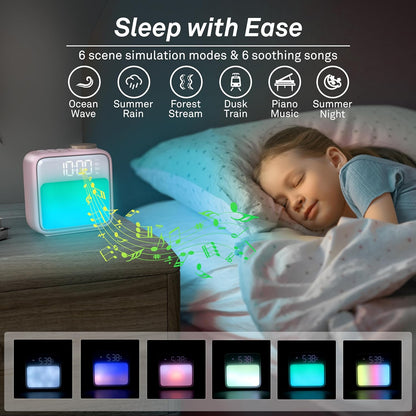 AIRIVO Alarm Clock Night Lights, Built-in Battery Alarm Clock for Bedrooms, 6 Scenes & White Noise Sync, Dual Alarms & Snooze, for Heavy Sleepers, Gifts for Kids Teens