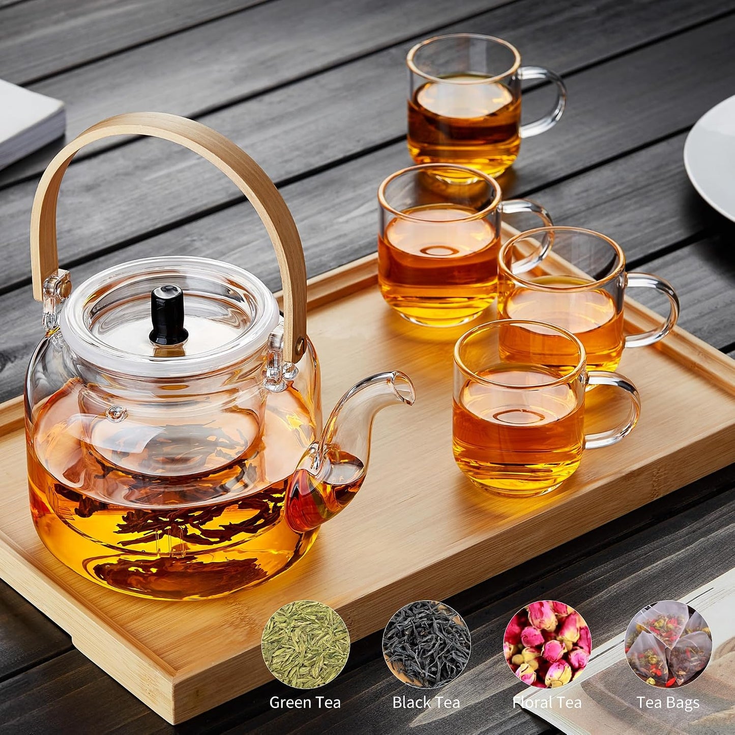 Glass Teapot Set, 37OZ/1100ML Glass Tea Kettle with 4 Double Wall Teacups, Tea Pot with Infusers for Loose Tea, Stovetop & Microwave Safe Tea Maker