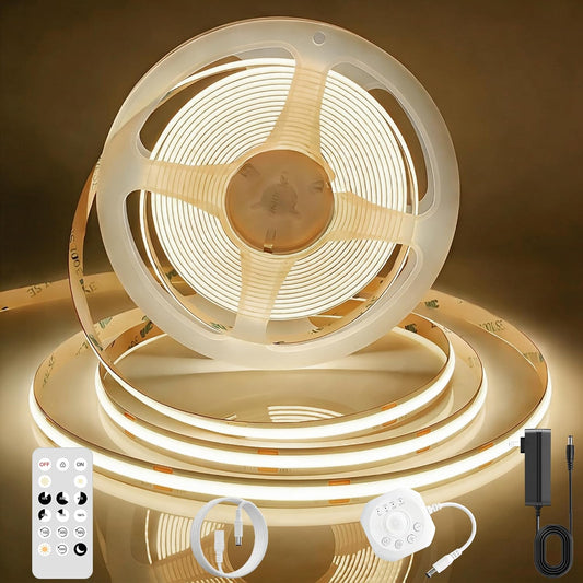 AXMOTUT Motion Sensor COB LED Strip Lights with Remote, 24V 9.84ft Natural White Dimmable LED Light Strips, High Bright 4000K LED Lights with Power Supply for Room, Kitchen, DIY Home Decoration