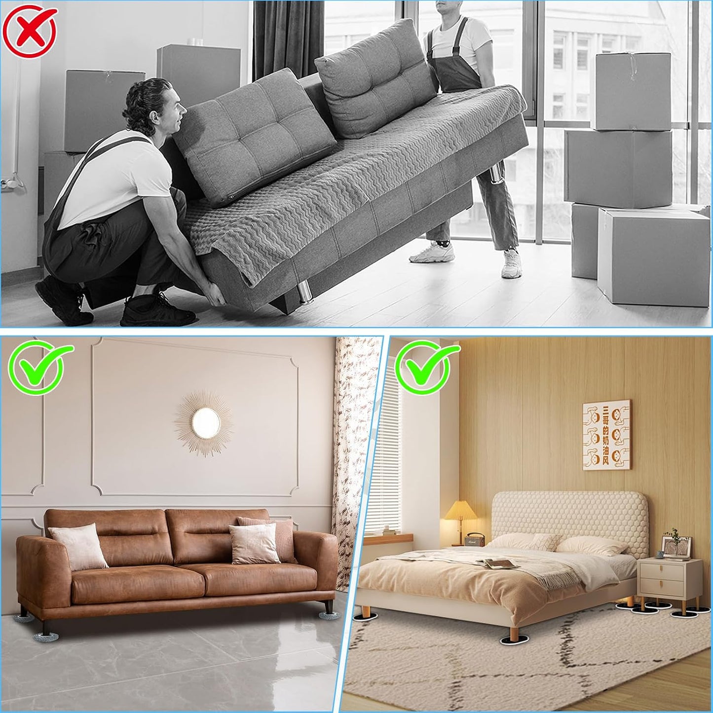 New Upgrade Furniture Sliders: Multi-Surface 3-in-1 Furniture Movers Slider | Heavy Moving Pads with 8PCS 4.3" Carpet Sliders + 4PCS Hard Floor Socks + 1 Lifter - Protect Floor and Easily Move Furniture