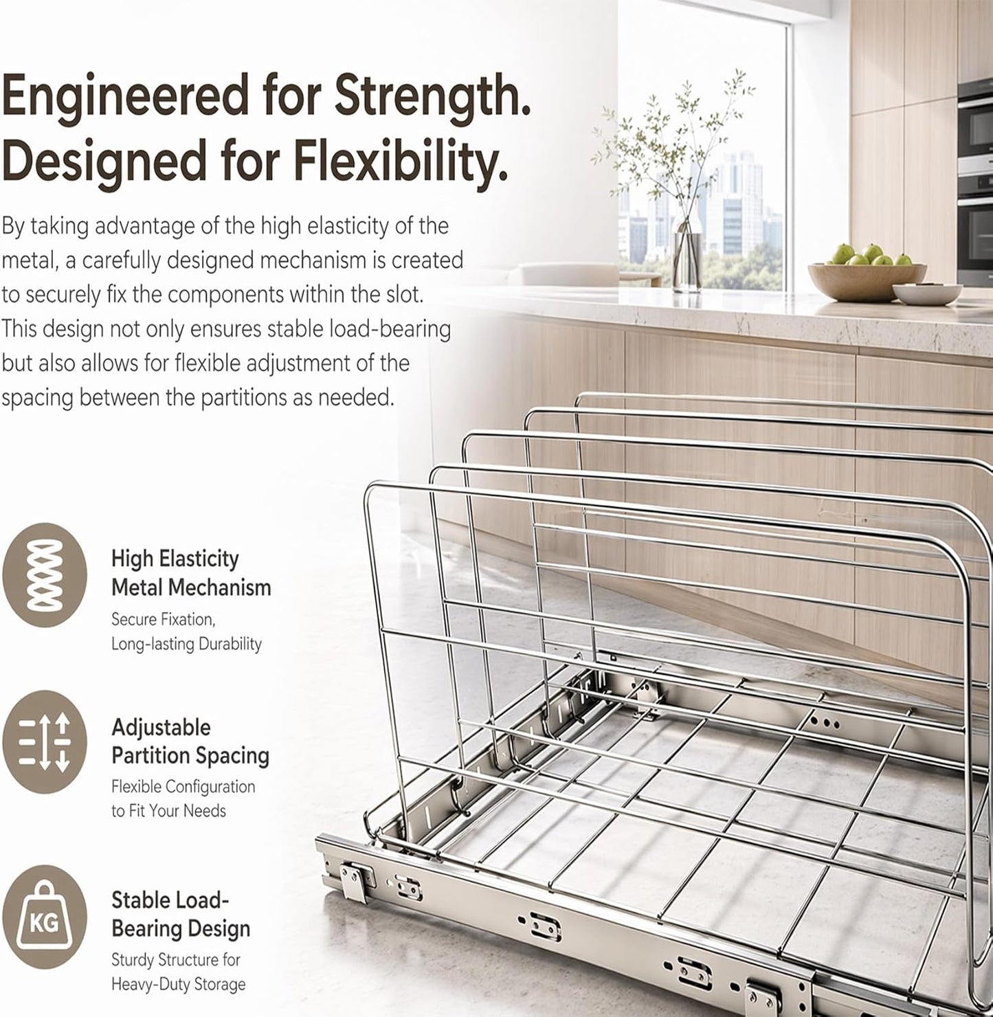 Pull Out Baking Pan Organizer for Cabinet, Cookie Sheet, Cutting Board, Tray Organizer for Cabinet, Adjustable, 22.5"D x11"H x 9"W, Pull/Slide Out Organizer-Heavy Duty, Chrome steel, 50-Year Warranty