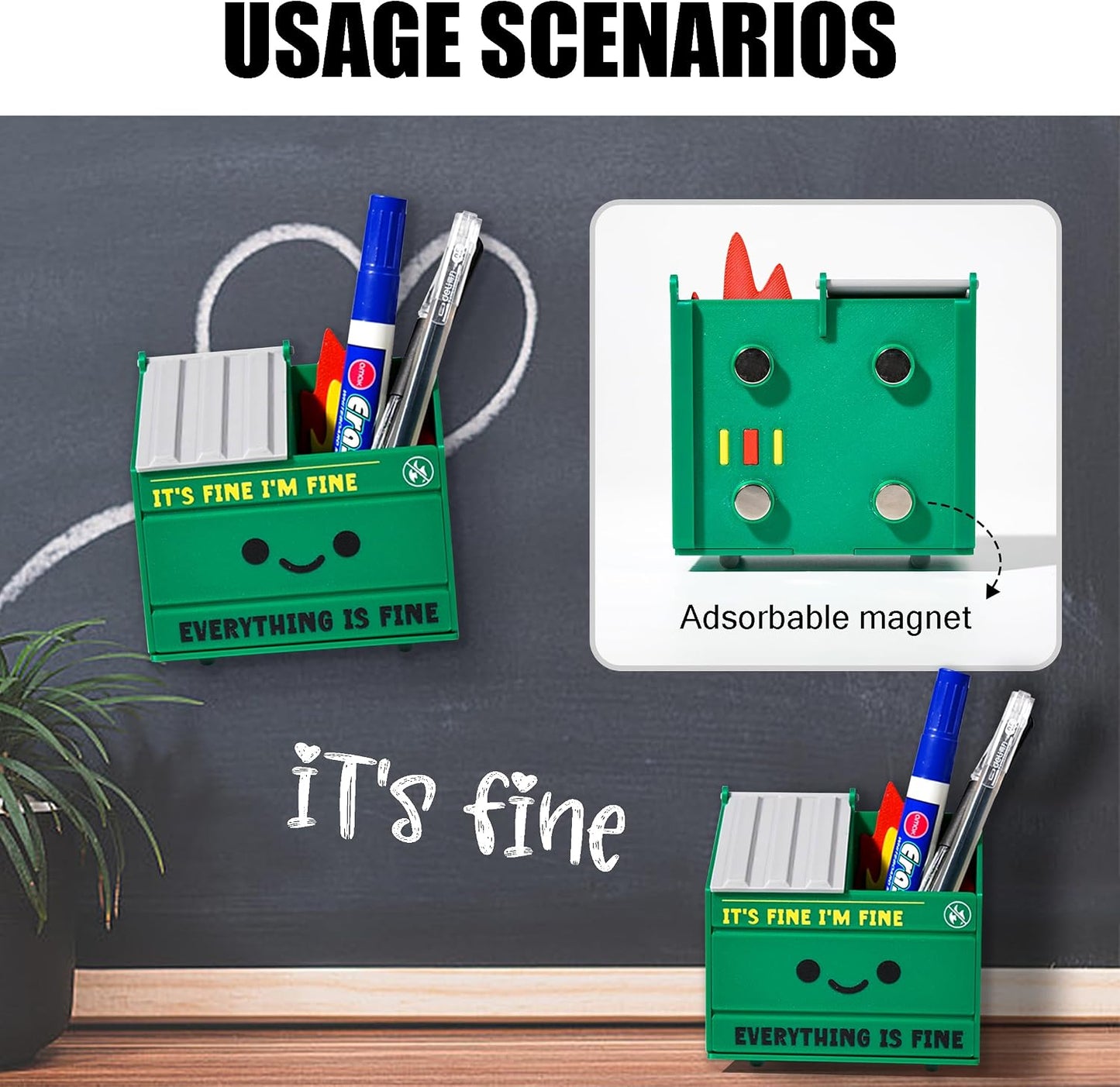 Tian Zhun Dumpster Fire Pencil Holder Funny Magnetic Pen Holder Strong Magnets to Store Marker Pencil Organizer for Refrigerator Whiteboard Locker Home Office or Hospital