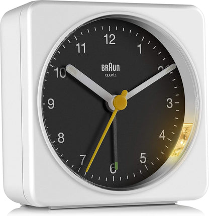 Braun Classic Analogue Alarm Clock with Snooze and Light, Quiet Quartz Sweeping Movement, Crescendo Beep Alarm in White, Model BC03W.
