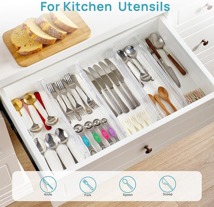Vtopmart 2.36" Drawer Dividers with Expandable Inserts, 12.8"-22.3", 8 Pack | Adjustable Kitchen Drawer Organizer, Clear Organizer Separator for Flatware, Utensil, Cutlery, 8 Dividers with 14 Inserts
