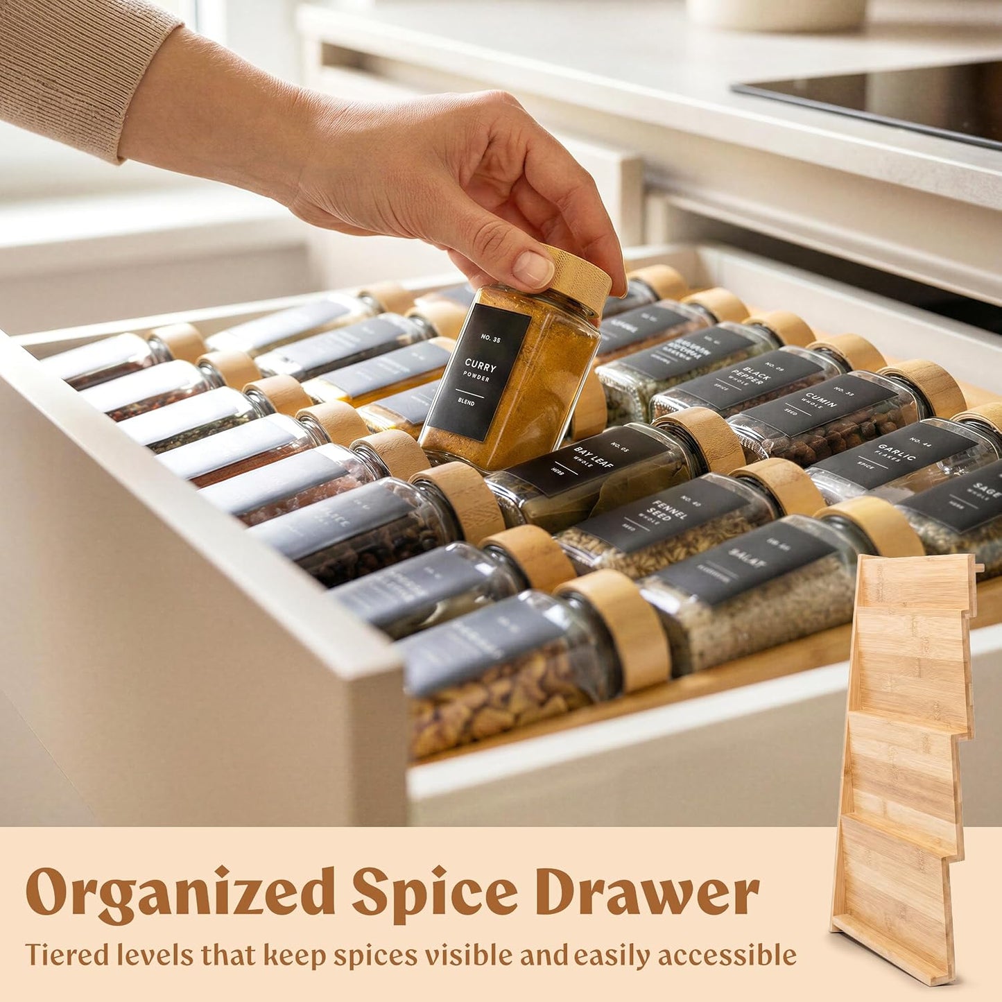 Bamboo Spice Drawer Organizer - Expandable 4 Tier Spice Rack (Need 3" Deep Drawer) 12" to 24" Wide, Seasoning Organizer, Organization Seasoning Rack insert (Jars Not Included)