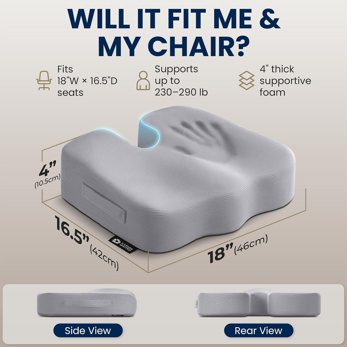 5 STARS UNITED Seat Cushion - Memory Foam Chair Cushion for Tailbone Pain Relief - Ergonomic Support for Coccyx, Sciatica & Butt - Office, Desk & Gaming Chair, Car Seat, Wheelchair, Airplane, Black