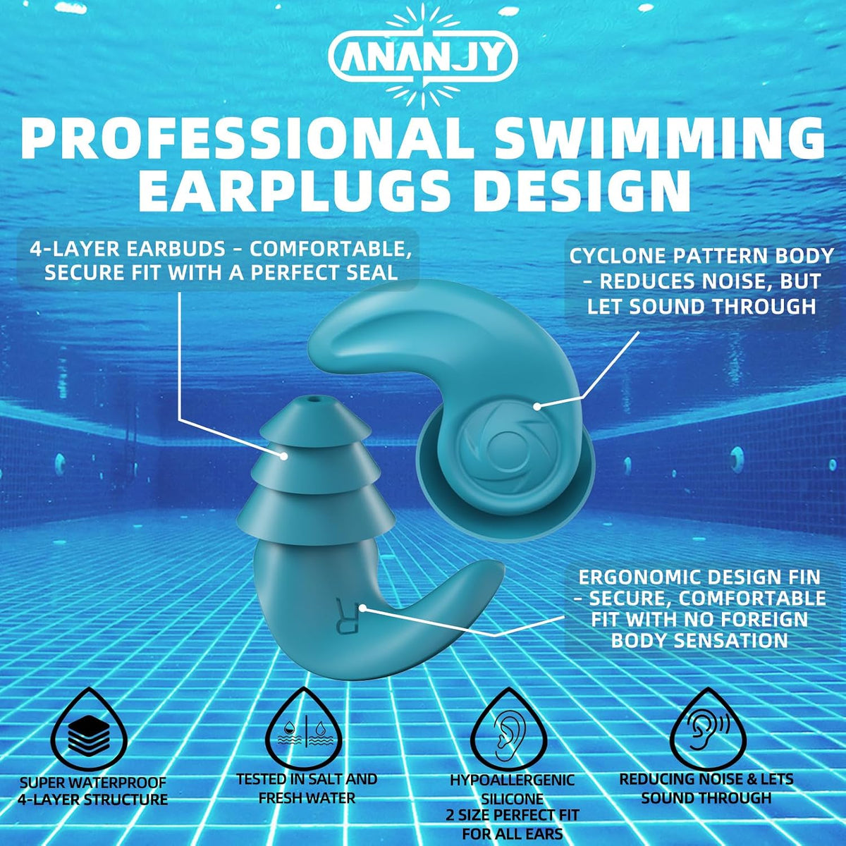 Waterproof Swimming Ear Plugs for Adults Kids, 3 Pairs Soft Silicone