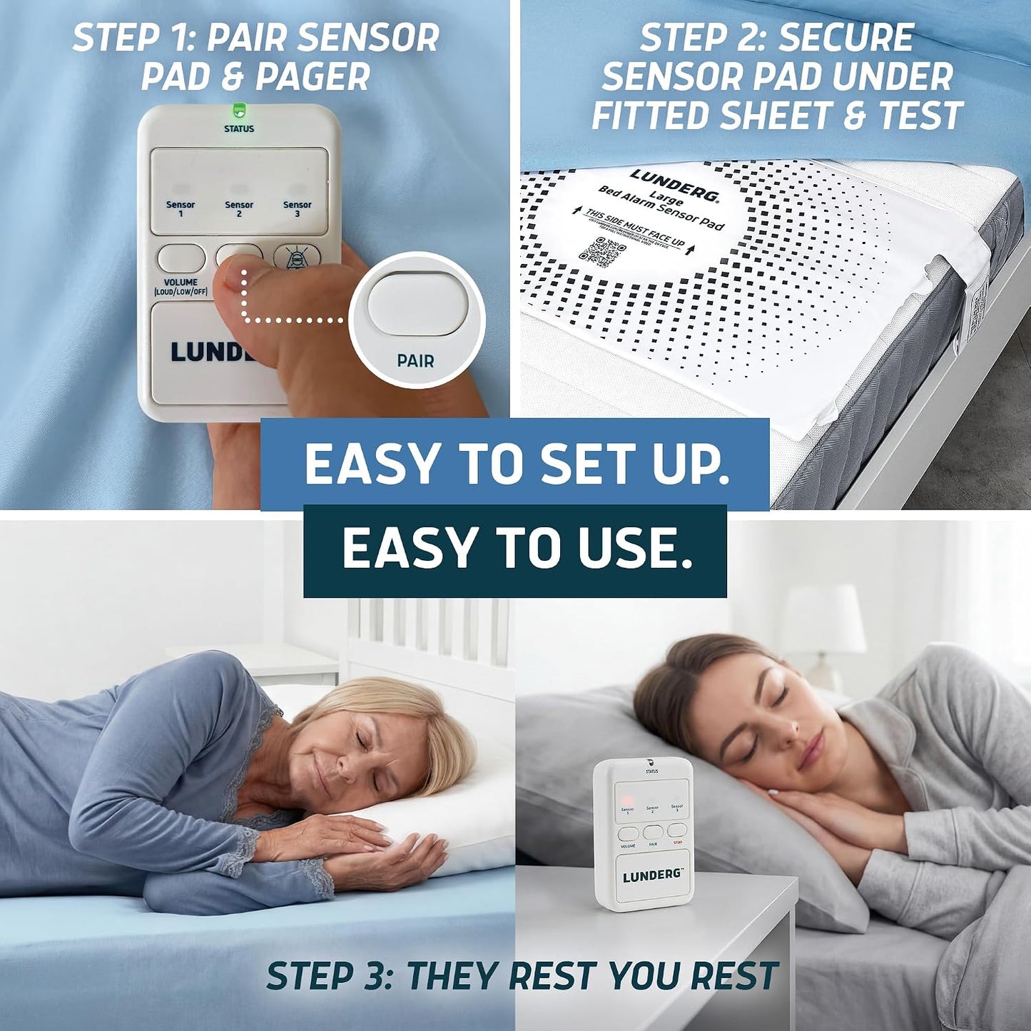 Lunderg Large Wireless Bed Alarm System for Elderly & Fall Prevention | Alerts Caregivers When They Get Up. Extra Coverage For Restless Sleepers. Great For Dementia Care & Safety. US Company.