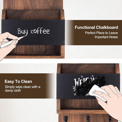 Key and Mail Holder for Wall with Chalkboard and Long Storage Box | Key Holder, Key Hanger with 3 Sturdy Hooks for Coat, Dog Leash, Entryway Mail Organizer