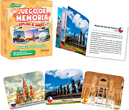 Menique Explore the World Memory Matching Game – Geography Game with 100 Photo Cards, 50 Countries, Flags & Landmarks – Travel Card Game with Educational Booklet, Ages 3+