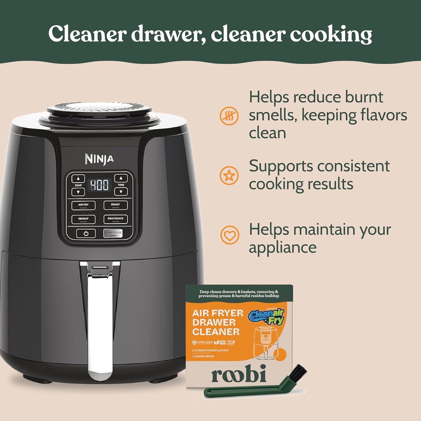 Roobi Air Fryer Cleaner, 6 Powder Sachets + Brush | Deep Cleans Drawer, Basket & Grill Without Scrubbing, Coating-Safe, Food-Contact Safe, Organic