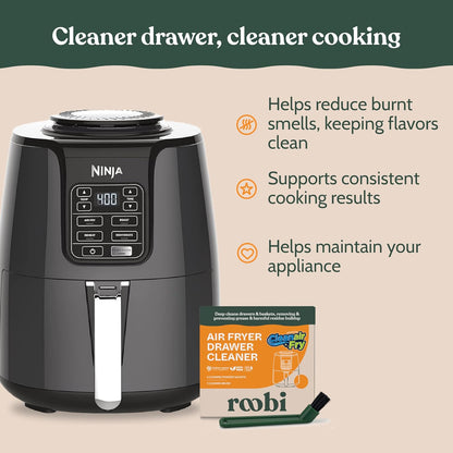 Roobi Air Fryer Cleaner, 6 Powder Sachets + Brush | Deep Cleans Drawer, Basket & Grill Without Scrubbing, Coating-Safe, Food-Contact Safe, Organic