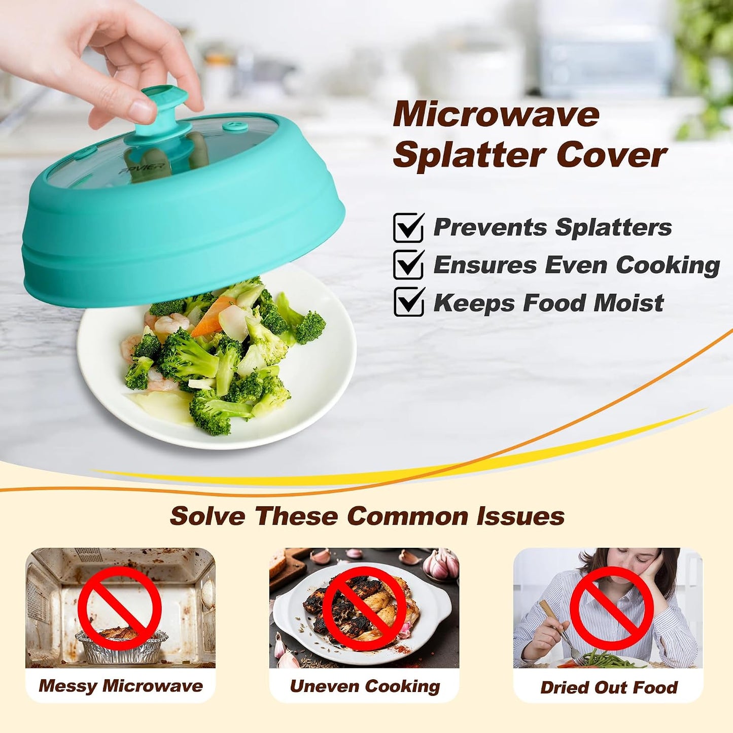Microwave Splatter Cover, Vented Silicone & Glass Anti-Splatter Lid with Handle, Collapsible Food Plate Cover Fits 6–11 Inch Plates and Bowls (Black, 10.8inch)