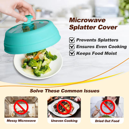 Microwave Splatter Cover, Vented Silicone & Glass Anti-Splatter Lid with Handle, Collapsible Food Plate Cover Fits 6–11 Inch Plates and Bowls (Black, 10.8inch)
