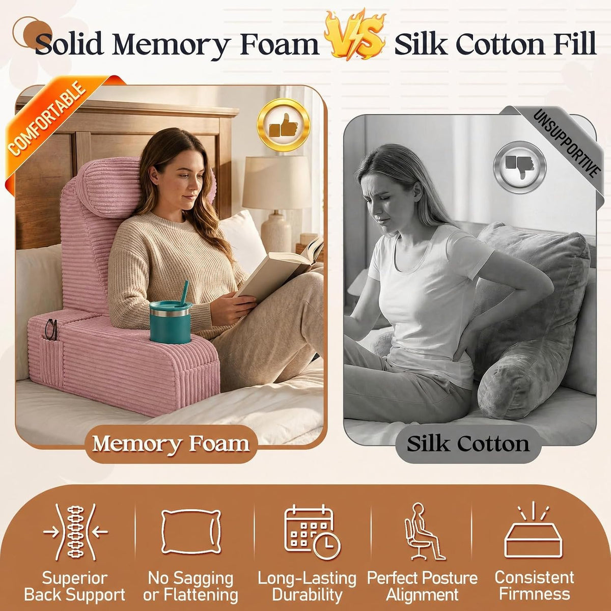 Reading Pillow/Backrest Pillow with Arms, Cup Holder & Phone Pocket
