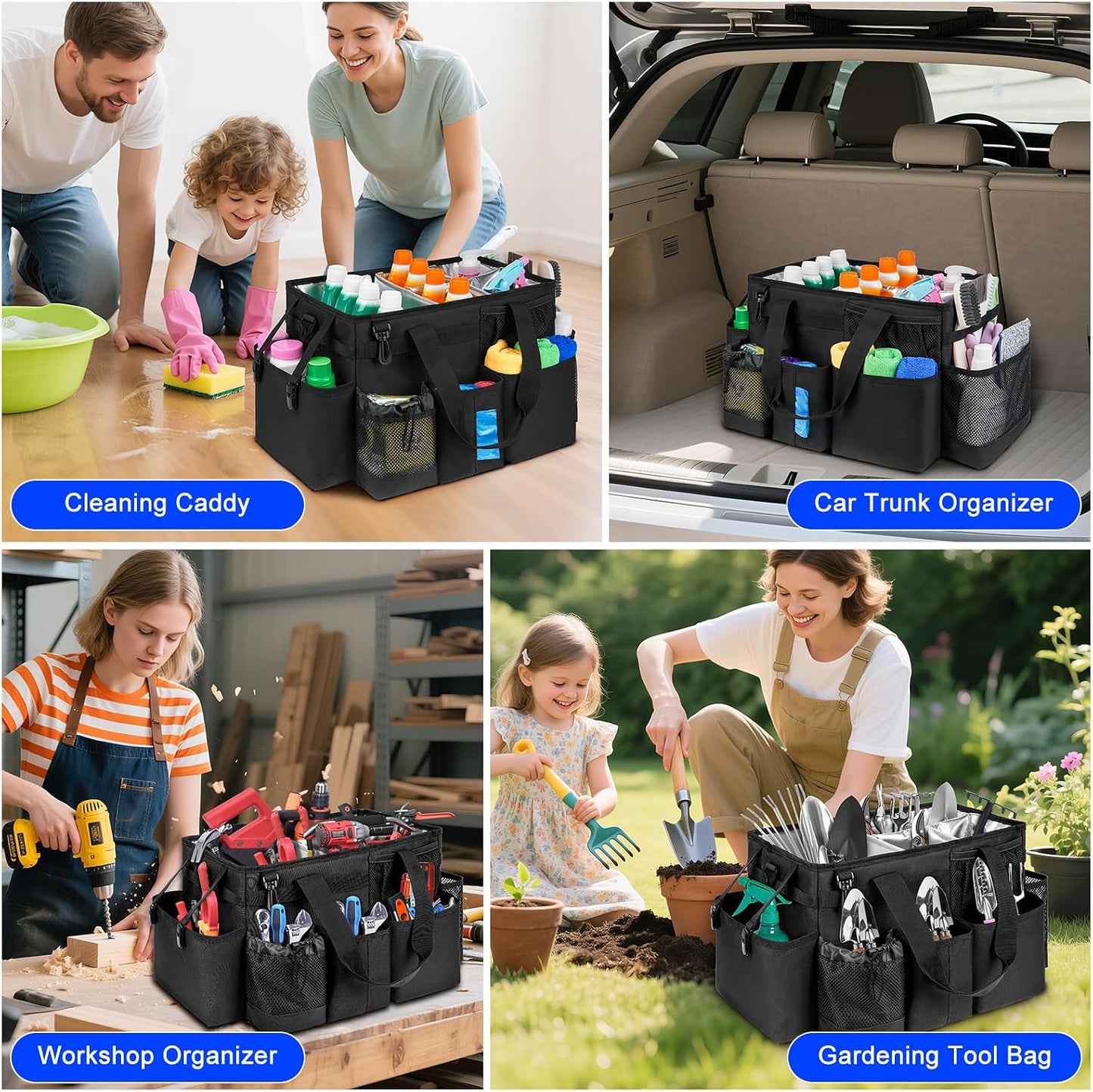 Cleaning Caddy Bag, Extra Large Cleaning Supply Bag for Housekeepers,Black | Sturdy Cleaning Caddy Organizer for Cleaning Supplies with Handle and Adjustable Shouder Strap, Easy to Clean Design
