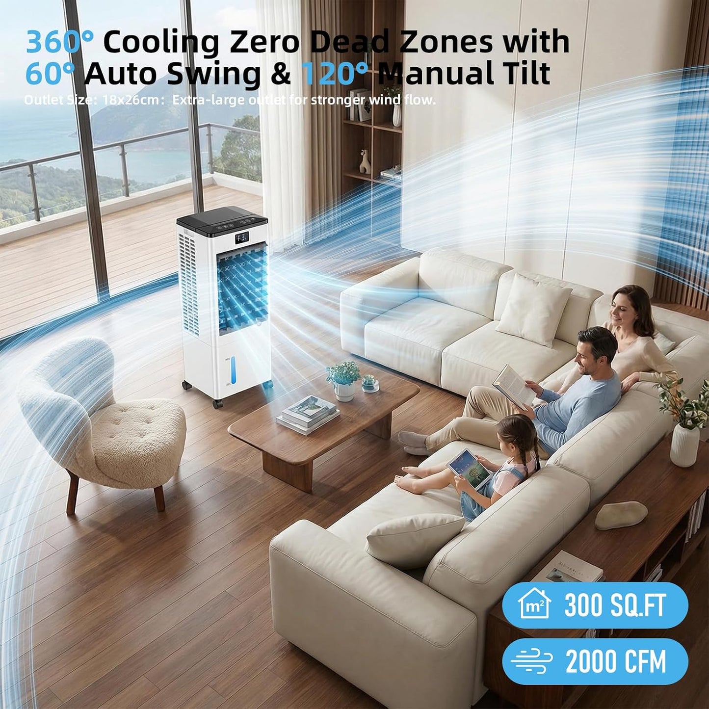Portable Air Conditioners, Evaporative Air Cooler with Remote & LED Display, 120° Oscillation, 12H Timer, 3 Speeds & 4 Modes, 60W Energy-Efficient, Windowless Swamp Cooler for Bedroom Office Garage
