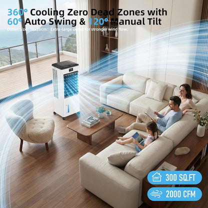 Portable Air Conditioners, Evaporative Air Cooler with Remote & LED Display, 120° Oscillation, 12H Timer, 3 Speeds & 4 Modes, 60W Energy-Efficient, Windowless Swamp Cooler for Bedroom Office Garage