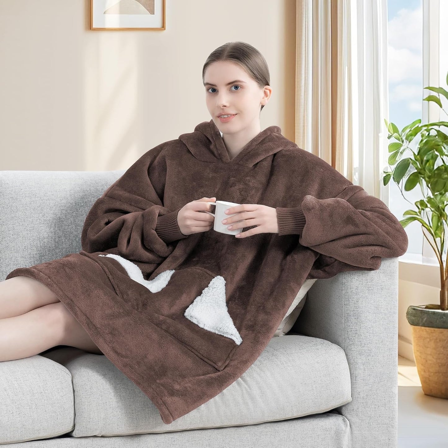 Wearable Blanket Hoodie, Oversized Sherpa Fleece Sweatshirt Blanket with Giant Hood Pocket and Sleeves for Adult, Warm & Cozy Grey Blanket Gifts for Women