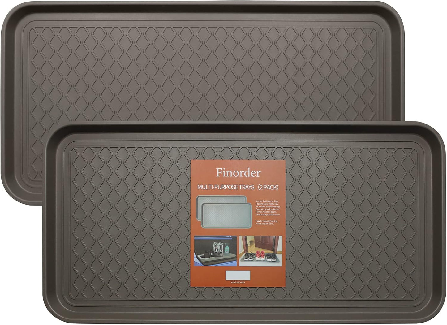Finorder Boot & Shoe Trays, 2 Pack, 30" x 15" x 1.2", Gray | Multi-Purpose Duty Shoe Mat for Indoor and Outdoor, Plastic Pet Feeding Mat, Plastic Boot Tray for All Weather