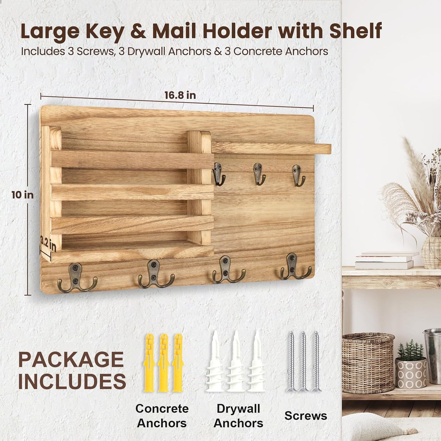 Nekon Mail Holder for Wall, 16.8 Inch Mail Organizer, Black | 16.8Inch x 10Inch x 3.2Inch, Hallway Farmhouse Decor, Storage Racks with Floating Shelf and Flush Mount Hardware