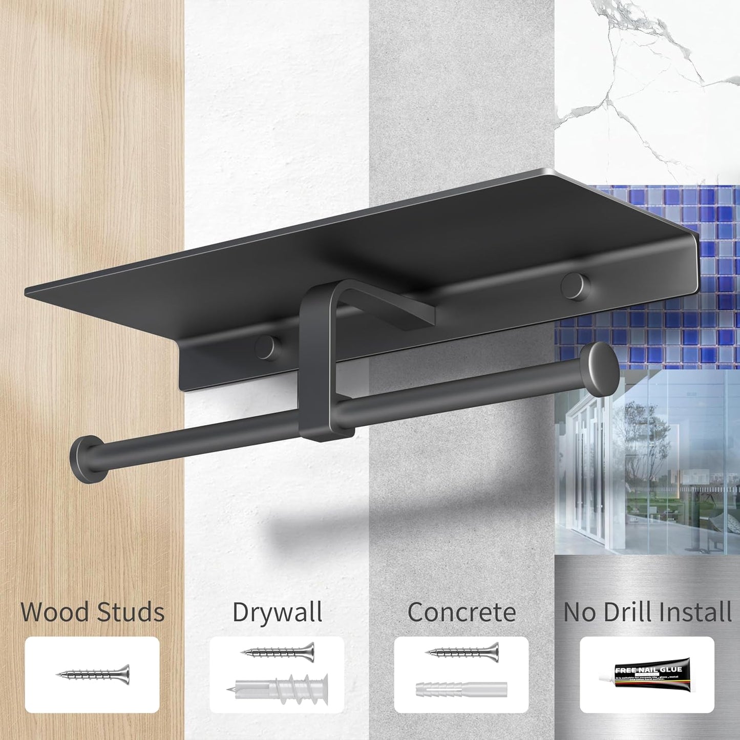 Matte Black Toilet Paper Holder with Shelf, Wall-Mounted Bathroom Organizer, Double Roll