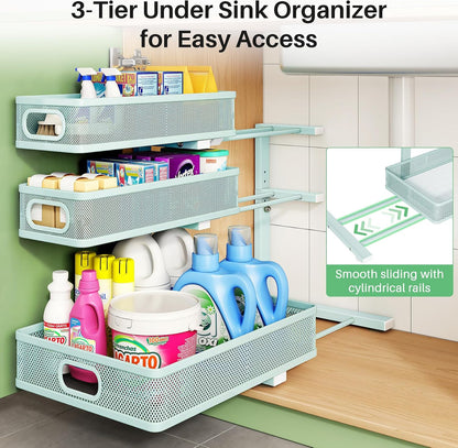 Kitstorack Under Sink Organizer, 2-Pack 3-Tier Height Adjustable Thickened Metal Pull out Cabinet Organizer Shelf, Slide out Storage Drawer Rack for Bathroom Kitchen Pantry Home Laundry Organization