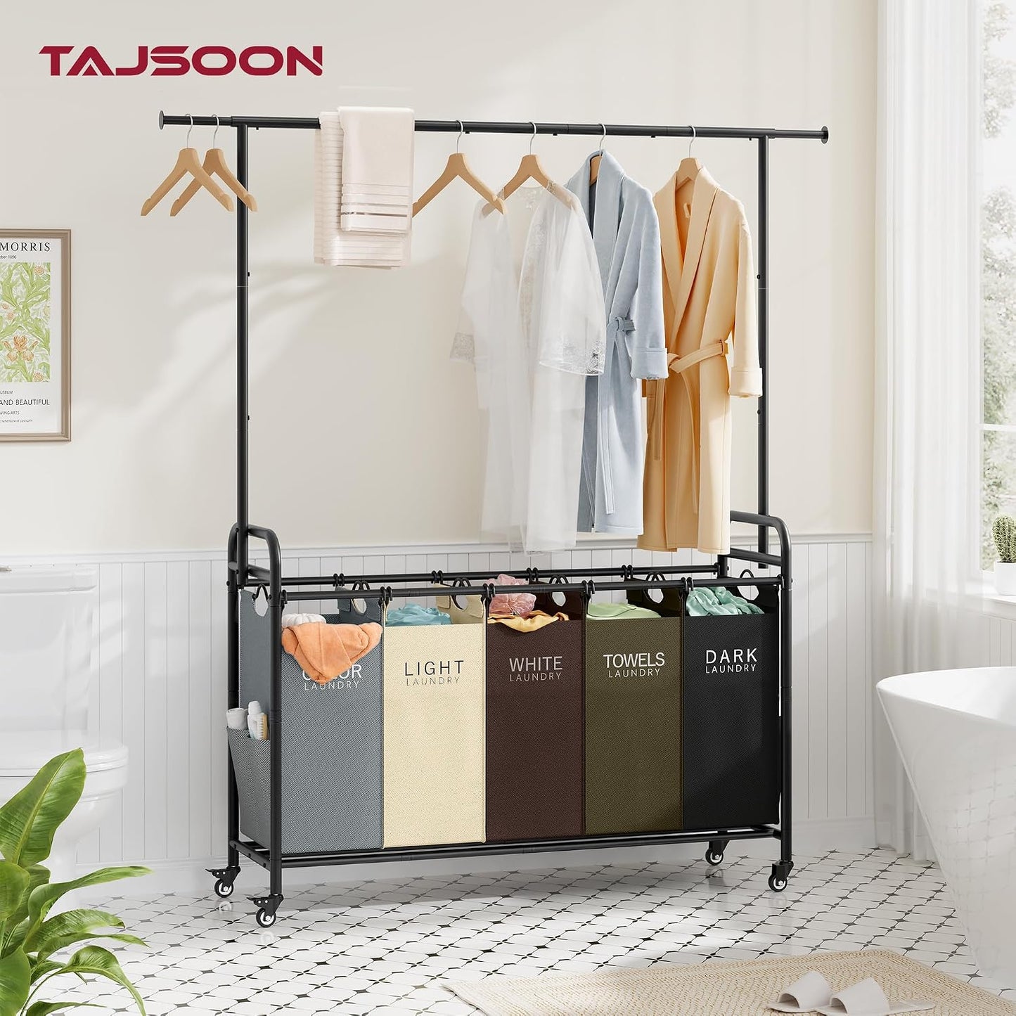 Laundry Cart with Hanging Rack, 65 Gal. Large Laundry Hamper, Beige | Rolling Laundry Cart with Hanging Bar with Removable Bag and Lockable Wheels, Separator Hamper Cart for Bedroom, Bathroom