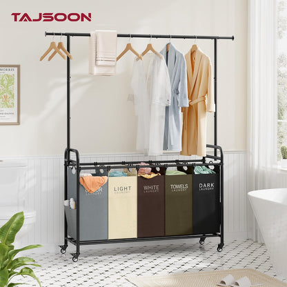Laundry Cart with Hanging Rack, 65 Gal. Large Laundry Hamper, Beige | Rolling Laundry Cart with Hanging Bar with Removable Bag and Lockable Wheels, Separator Hamper Cart for Bedroom, Bathroom
