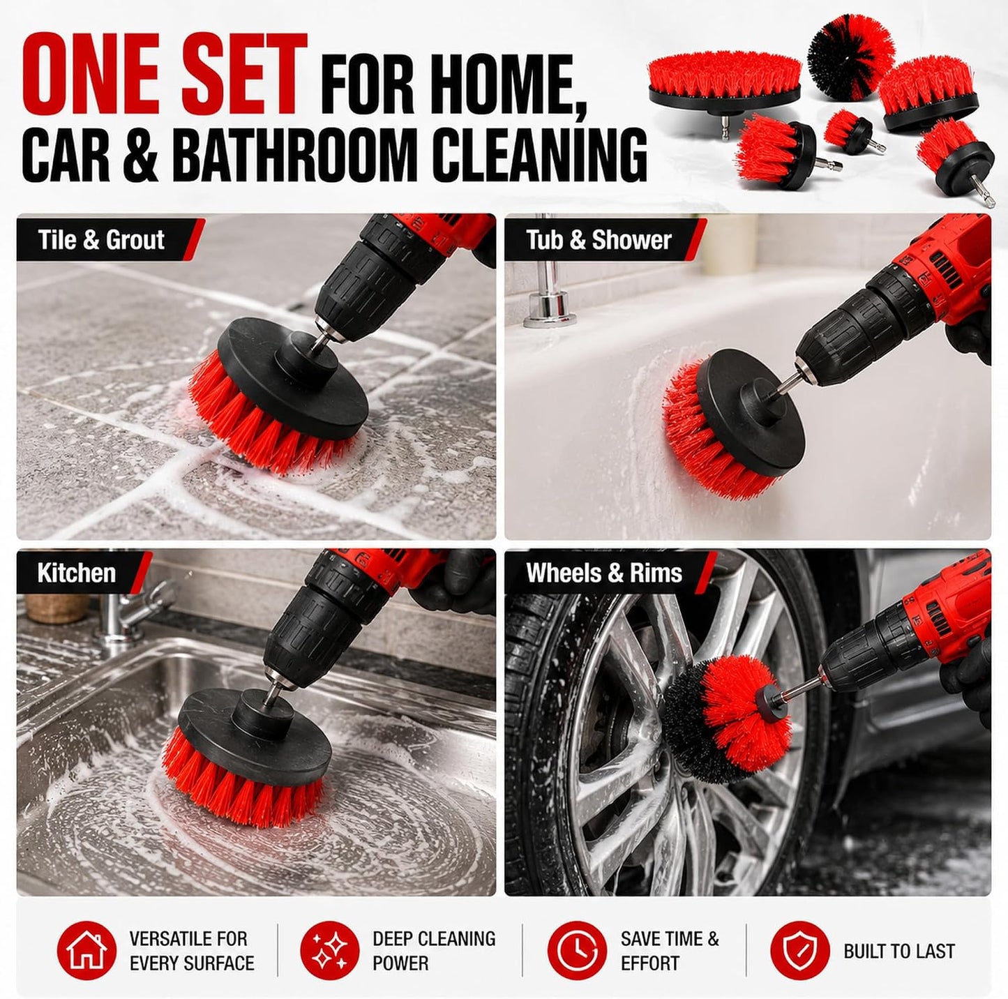 6-Piece Drill Brush Cleaning Set – Power Scrubber Attachments with 2”, 3.5”, 4” & 5” Brushes, Durable PP & PET Bristles for Bathroom, Tile, Grout, Kitchen, Tub & Floor Cleaning