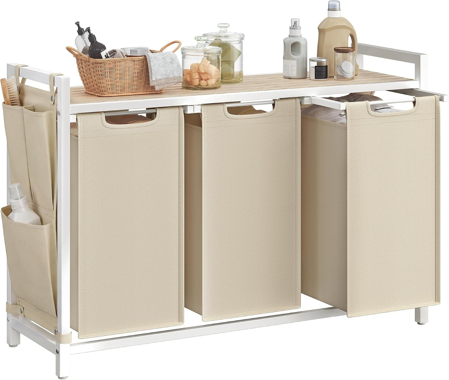VASAGLE Laundry Hamper, Laundry Basket Sorter with 3 Pull-Out and Removable Bags, Shelf, Metal Frame, 3 x 10.6 Gallons (40 L), 36.4 x 13 x 28.4 Inches, Cappuccino Beige and Natural Beige UBLH301LH01