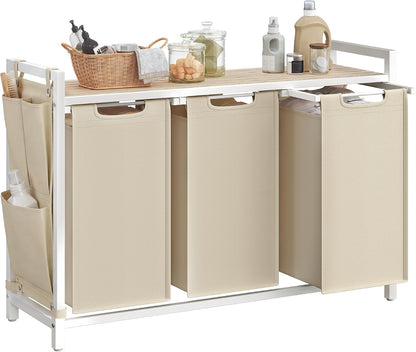 VASAGLE Laundry Hamper, Laundry Basket Sorter with 3 Pull-Out and Removable Bags, Shelf, Metal Frame, 3 x 10.6 Gallons (40 L), 36.4 x 13 x 28.4 Inches, Cappuccino Beige and Natural Beige UBLH301LH01