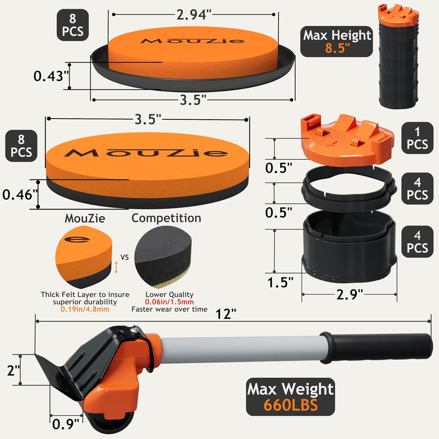Heavy Duty Furniture Sliders Movers Slider Pads Mover Coasters with Lifter Tool Lift Jack Set for Lifting and Moving Large Appliance and Furniture Over Carpet Hardwood Floors Tile